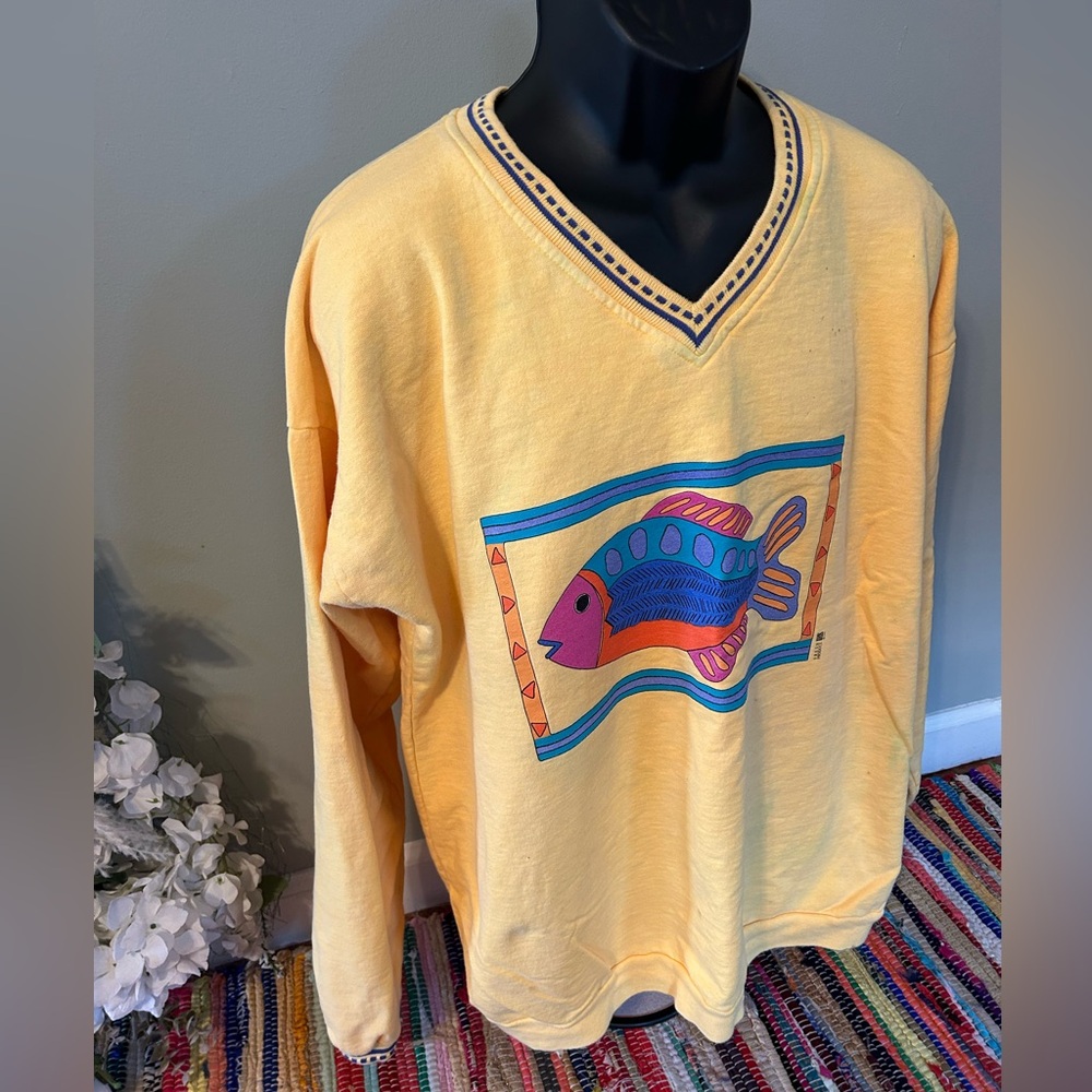 1995 Colorblock Fish Sweatshirt V Neck Nautical Graphic Yellow 90s Vintage XL - Picture 3 of 8